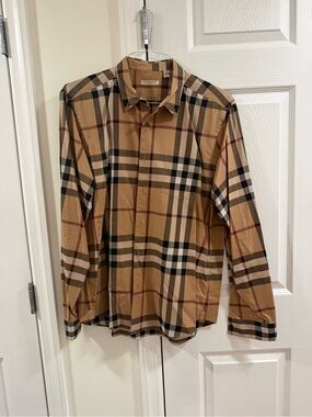 Burberry Beige Black Plaid Dress Shirt